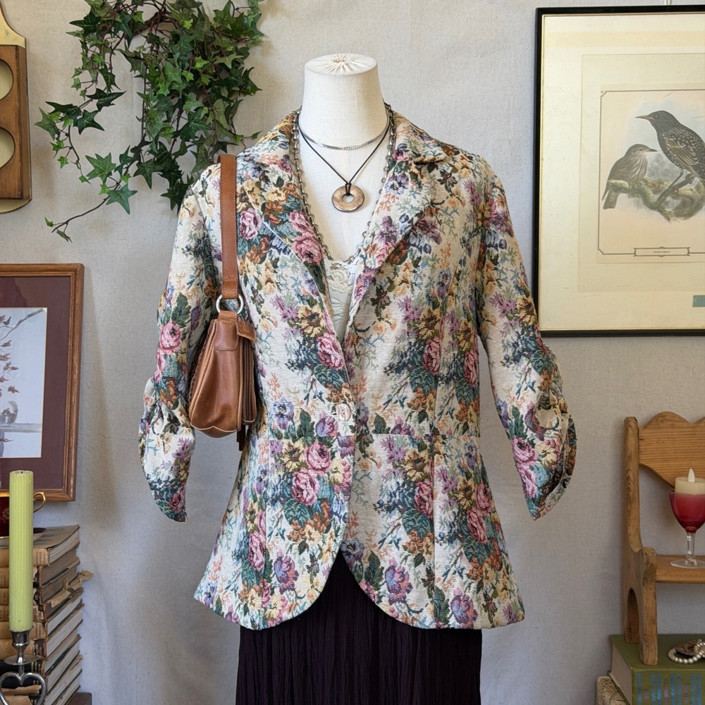 Multicolor Floral Tapestry Blazer Jacket Cottagecore VTG M Whimsy Girly Grunge